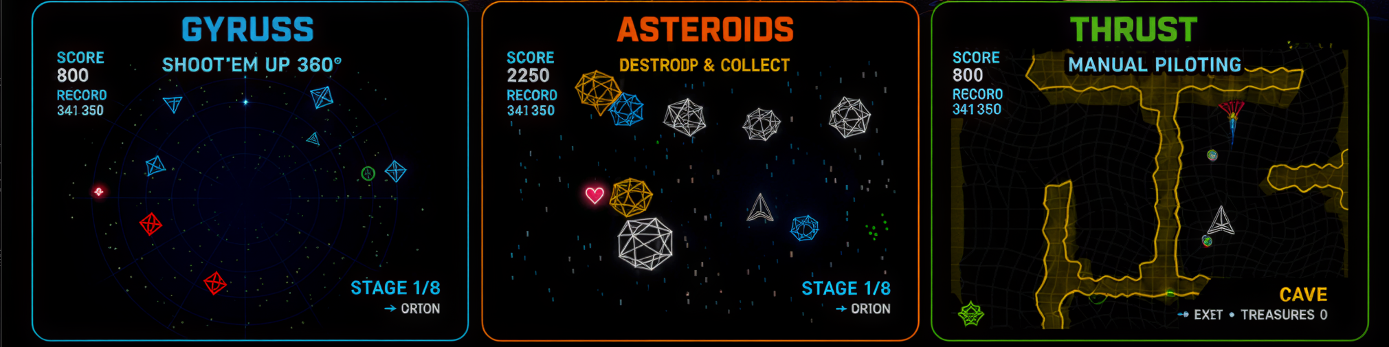STARGYRE screenshots: Gyruss mode (orbital shooting), Asteroids and Thrust (cave)